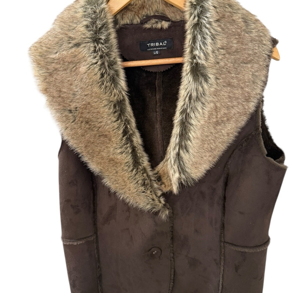 Tribal Suede Vest Faux Fur Collar Chocolate Brown Size XL Boho Rustic Y2K